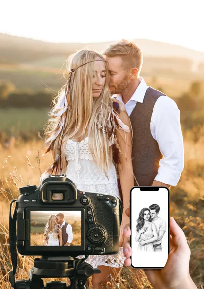 Romantic couple in a golden field, captured by a camera and a drawing on a smartphone