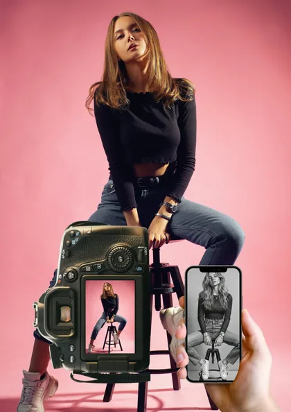 A woman posing on a stool against a pink backdrop, with images of her shown on a camera and a phone