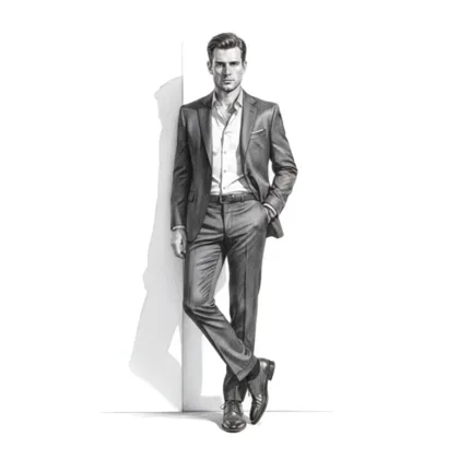 Man in a suit leaning against a wall, pencil drawing