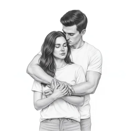 Couple embracing, simple clothing