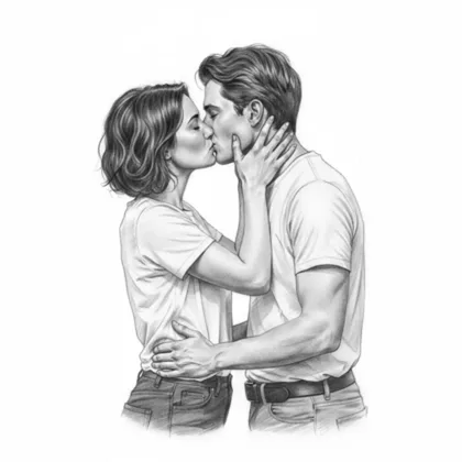 Couple kissing, black and white pencil drawing