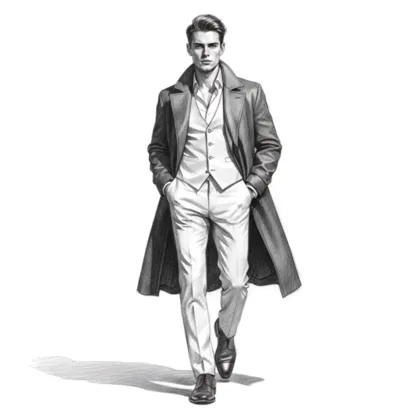 Well-dressed man walking in a suit with a long coat