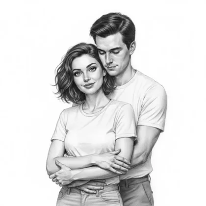 Couple holding each other, black and white pencil drawing