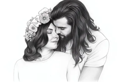 Couple holding each other, flower crown on the woman's head