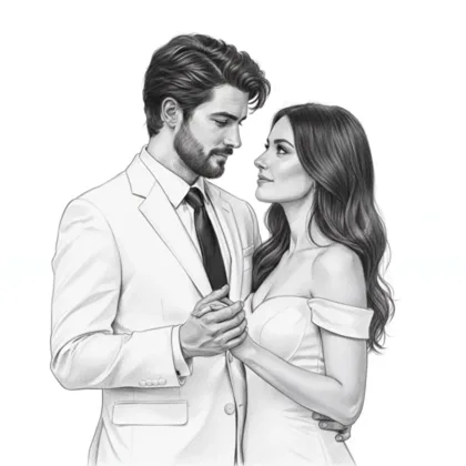 Elegantly dressed couple embracing, black and white drawing
