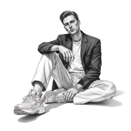 Man sitting on the ground, blazer, t-shirt, light pants and sneakers