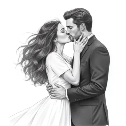 Couple kissing, black and white drawing